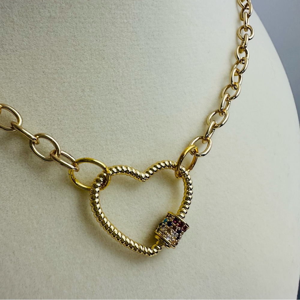 Handmade Gold-Tone Chain Choker with Pavé Heart Carabiner Clasp - Picture 3 of 13